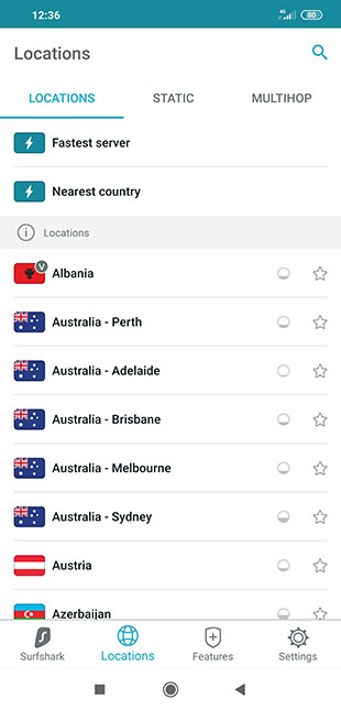  انتخاب سرور Surfshark Android 