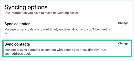 عکس صفحه نمایه LinkedIn، پنجره گزینه‌های همگام‌سازی، با گزینه Sync مخاطبین برجسته شده است