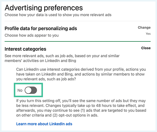 عکس صفحه نمایه LinkedIn، تنظیمات برگزیده تبلیغات، نماگرفت پنجره دسته‌های علاقه