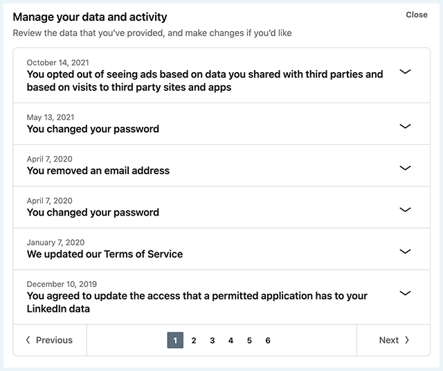 عکس صفحه نمایه LinkedIn، پنجره تنظیمات داده‌ها و فعالیت‌های خود را مدیریت کنید