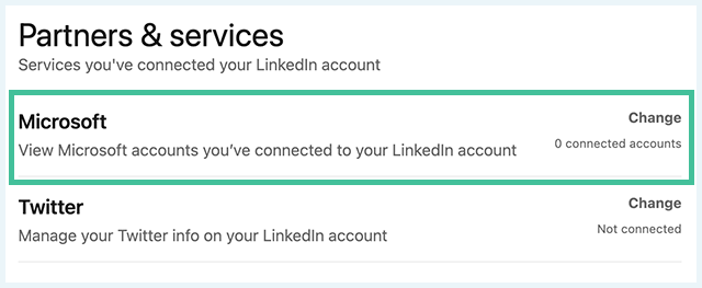 عکس صفحه نمایه لینکدین، پنجره تنظیمات شرکا و خدمات، گزینه مایکروسافت برجسته شده است
