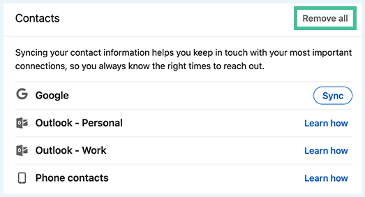 عکس از نمایه لینکدین، پنجره تنظیمات مخاطبین، حذف همه گزینه هایلایت شده
