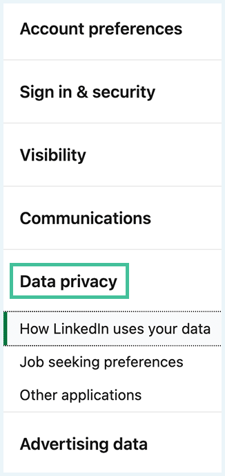 عکس صفحه تنظیمات حساب LinkedIn و منوی حریم خصوصی با برجسته‌سازی حریم خصوصی داده