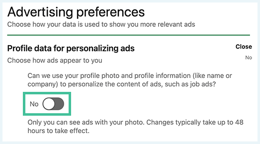 عکس صفحه نمایه لینکدین، پنجره تنظیمات ترجیحات تبلیغاتی