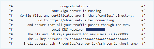 تصویر صفحه‌نمایش سرور Algo در حال اجرا با آدرس IP حل‌کننده DNS ویرایش‌شده