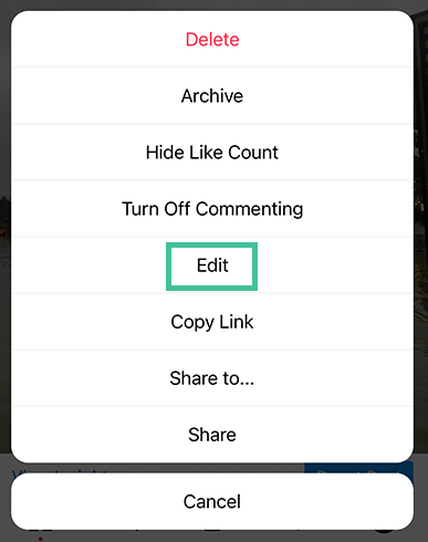 Screenshot of Instagram Edit post گزینه هایلایت شده است